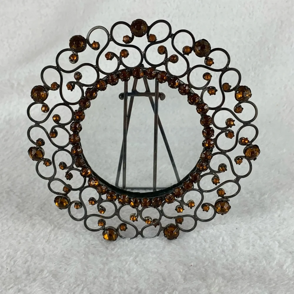 Metal Photo Frame Round With Amber Rhinestones Retro 5